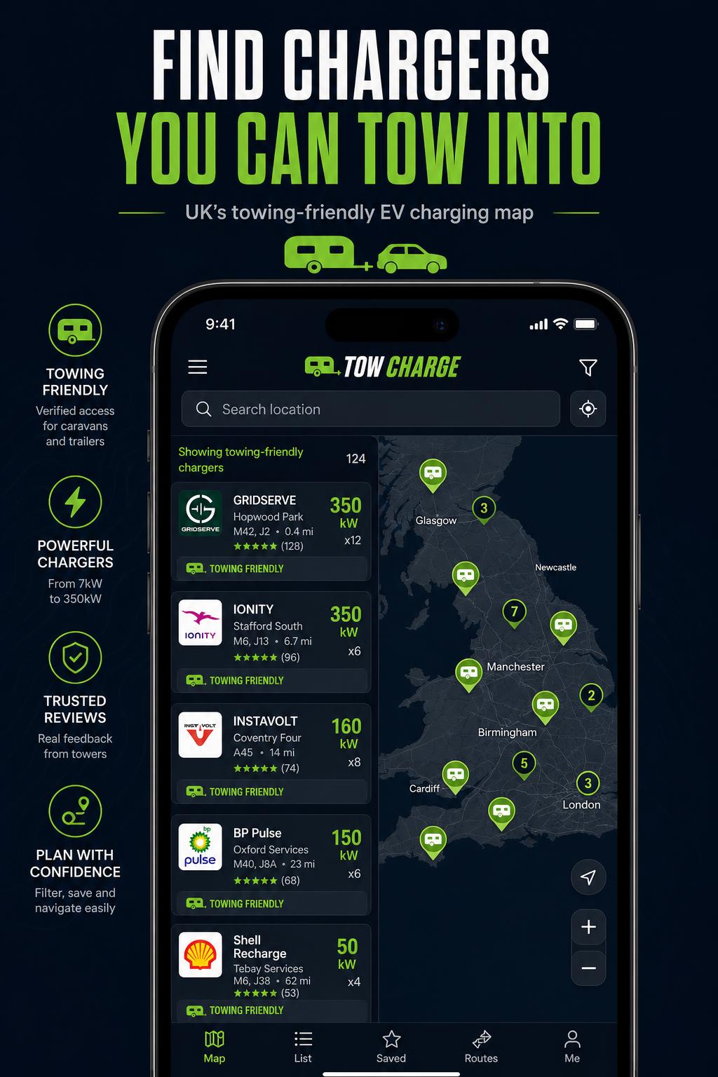 EVTOW charger finder showing towing-friendly chargers on a UK map