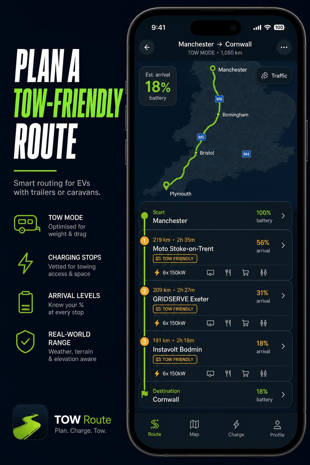 EVTOW route planner with EV tow-friendly charging stops and arrival battery levels