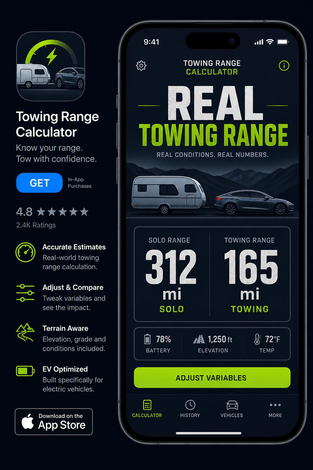 EVTOW towing range calculator comparing solo and towing range